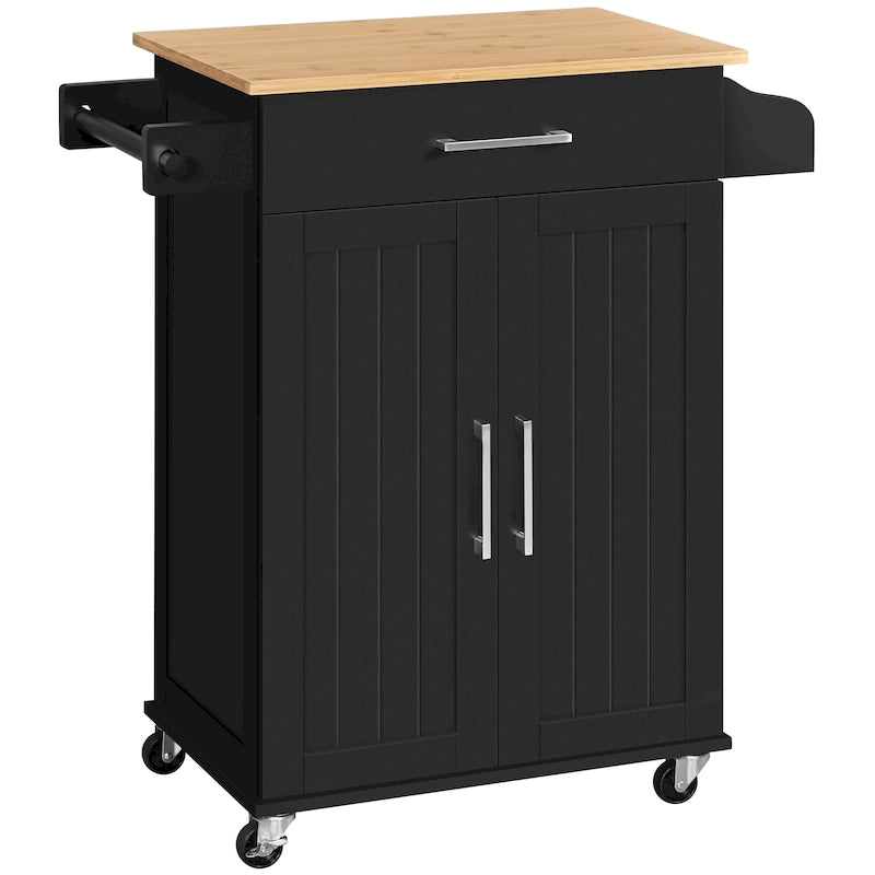White/Black Rolling Kitchen Cart with Drawer, 2-Door Cabinet & Towel Rack, for 1 Person