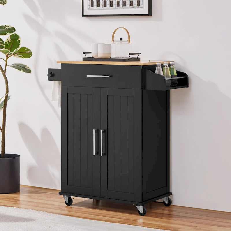 White/Black Rolling Kitchen Cart with Drawer, 2-Door Cabinet & Towel Rack, for 1 Person