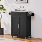 White/Black Rolling Kitchen Cart with Drawer, 2-Door Cabinet & Towel Rack, for 1 Person