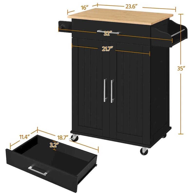White/Black Rolling Kitchen Cart with Drawer, 2-Door Cabinet & Towel Rack, for 1 Person