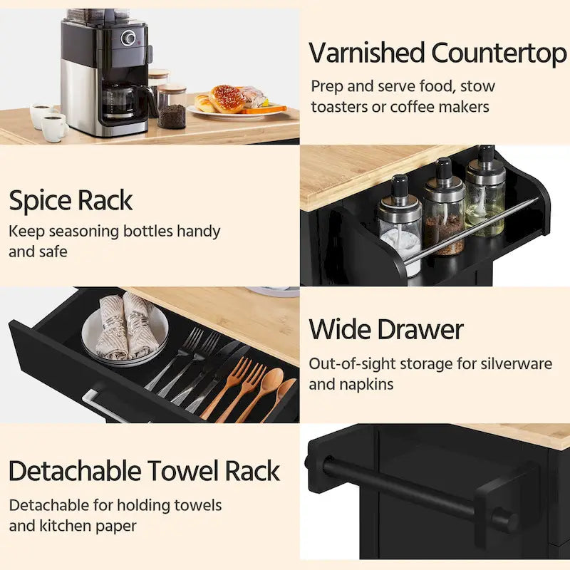 White/Black Rolling Kitchen Cart with Drawer, 2-Door Cabinet & Towel Rack, for 1 Person