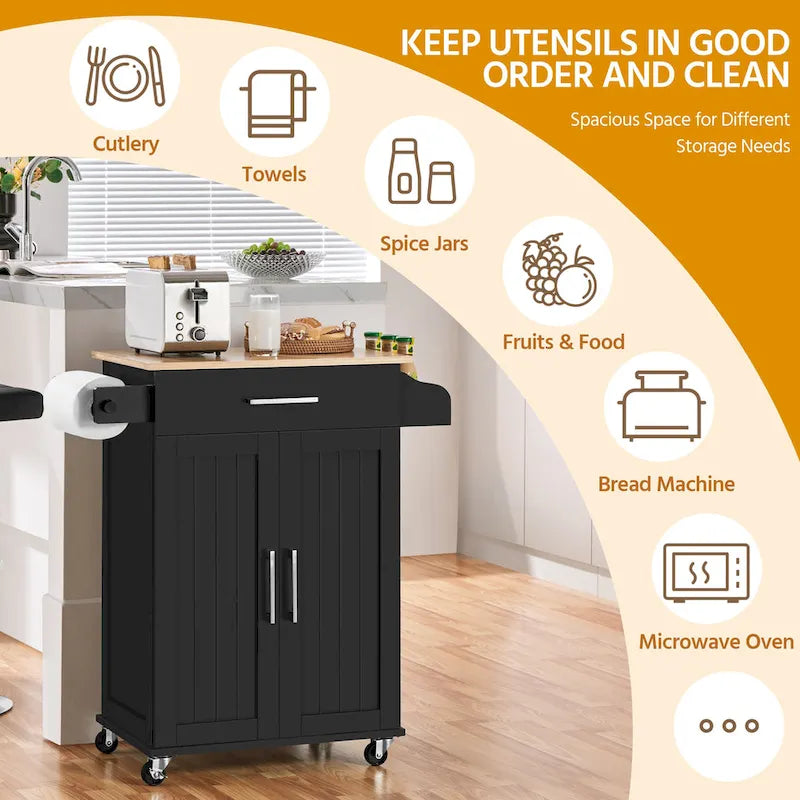 White/Black Rolling Kitchen Cart with Drawer, 2-Door Cabinet & Towel Rack, for 1 Person