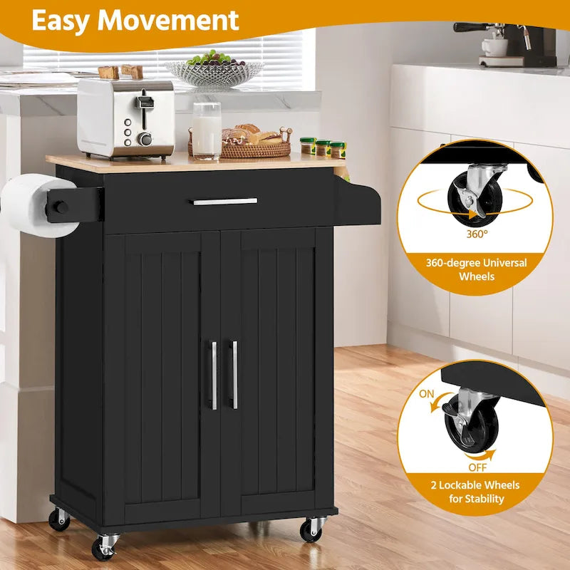 White/Black Rolling Kitchen Cart with Drawer, 2-Door Cabinet & Towel Rack, for 1 Person