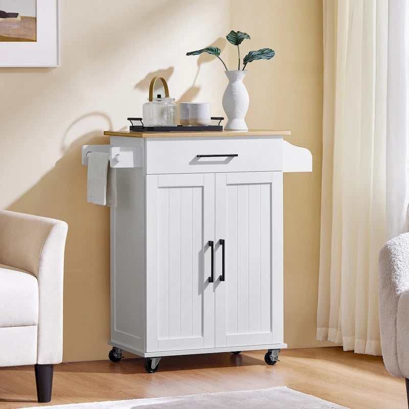 White/Black Rolling Kitchen Cart with Drawer, 2-Door Cabinet & Towel Rack, for 1 Person