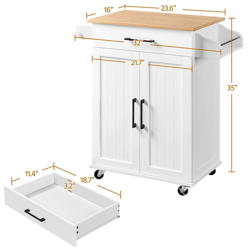 White/Black Rolling Kitchen Cart with Drawer, 2-Door Cabinet & Towel Rack, for 1 Person