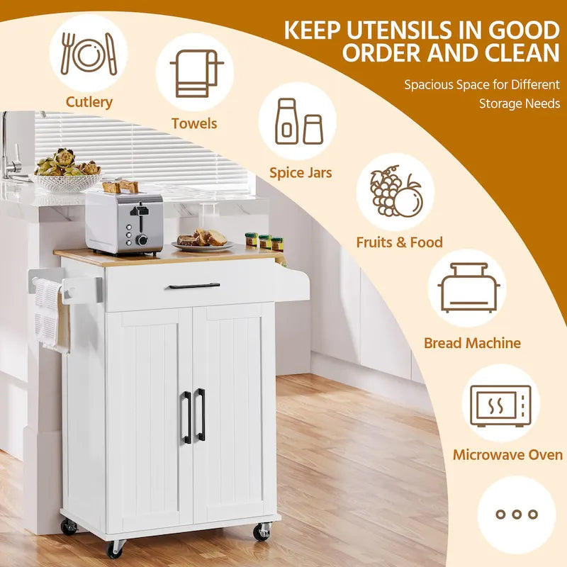 White/Black Rolling Kitchen Cart with Drawer, 2-Door Cabinet & Towel Rack, for 1 Person