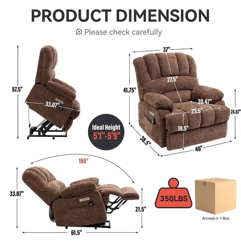 Chenille Large Electric Power Lift Massage & Heat, USB Port,Pockets