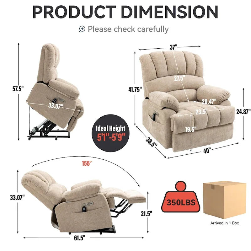 Chenille Large Electric Power Lift Massage & Heat, USB Port,Pockets
