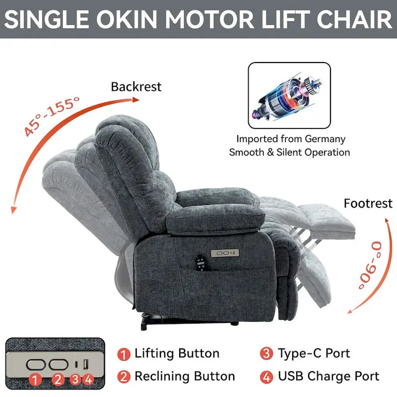 Chenille Large Electric Power Lift Massage & Heat, USB Port,Pockets