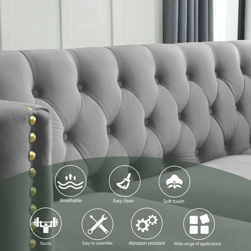 Modern Velvet Sofa Couch Upholstered Button and Metal Legs