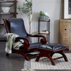 Teak Wood Handmade Upholstered Leather Accent Chair with Ottoman - Brown or Black - Roche River Decor