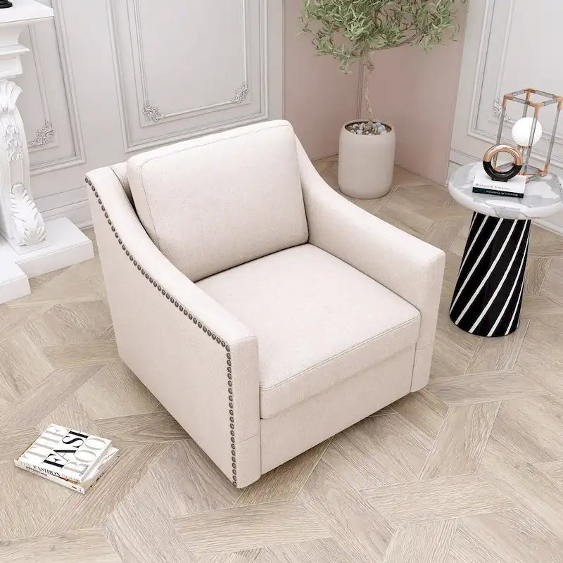 360 Degree Swivel Armchair Cotton linen fabric Ergonomic design Brass nail decorative armchair Living room chairs Black legs