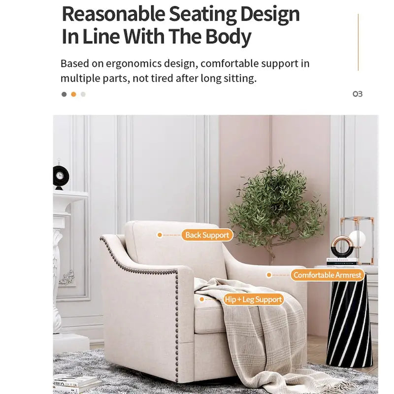 360 Degree Swivel Armchair Cotton linen fabric Ergonomic design Brass nail decorative armchair Living room chairs Black legs