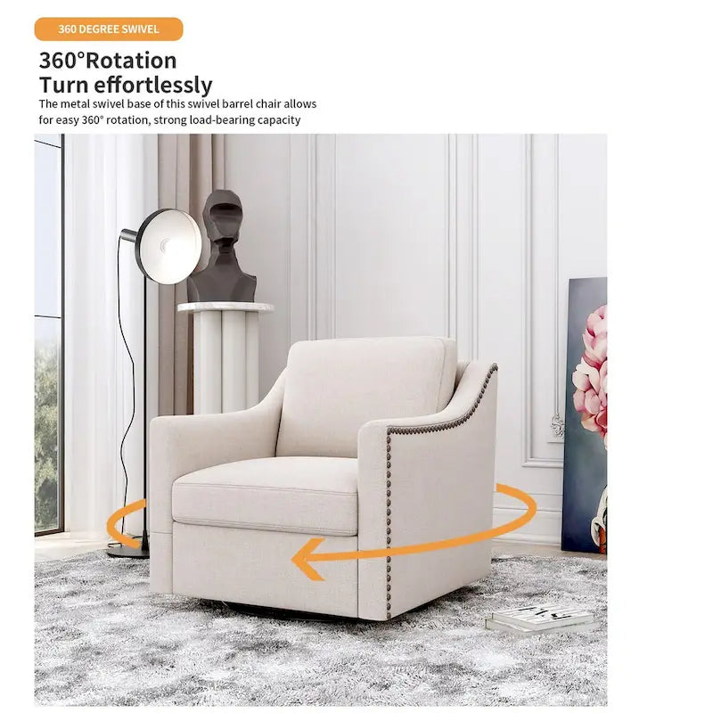 360 Degree Swivel Armchair Cotton linen fabric Ergonomic design Brass nail decorative armchair Living room chairs Black legs