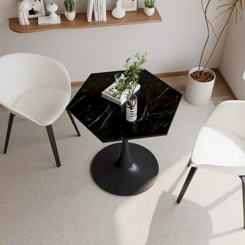 31.50 Modern Hexagonal Coffee Table with Printed Marble Top and Metal Base for Dining Room, Kitchen and Living Room