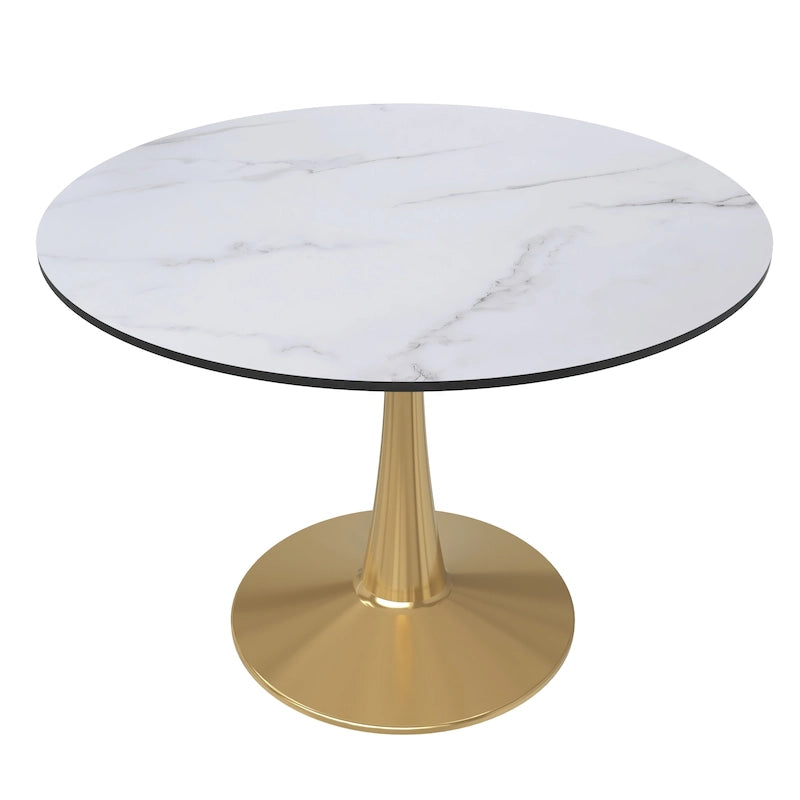 Marbled White / Black / White Round Dining Table for 4 – MDF Top & Gold Steel Base