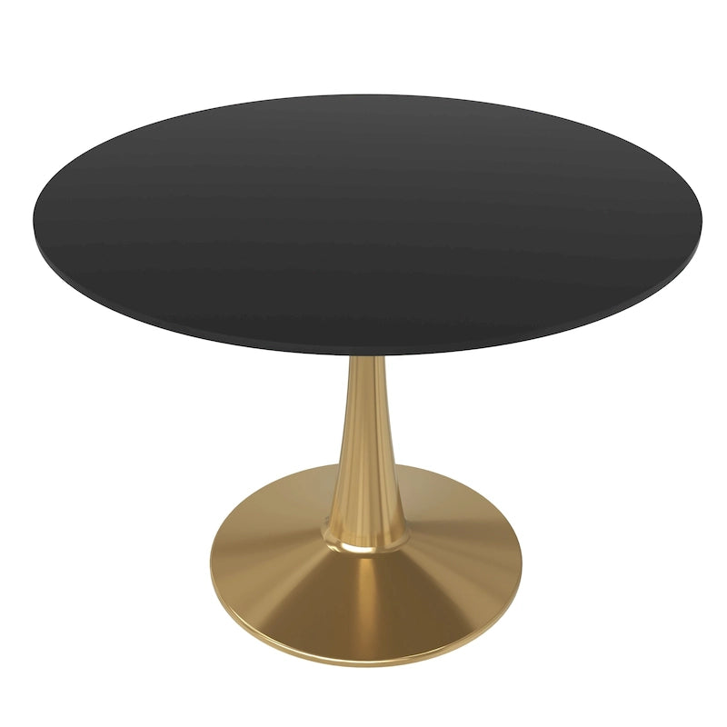 Marbled White / Black / White Round Dining Table for 4 – MDF Top & Gold Steel Base