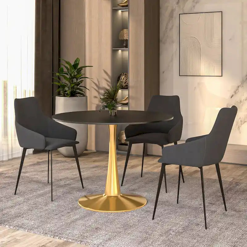 Marbled White / Black / White Round Dining Table for 4 – MDF Top & Gold Steel Base
