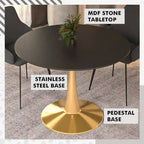 Marbled White / Black / White Round Dining Table for 4 – MDF Top & Gold Steel Base