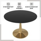 Marbled White / Black / White Round Dining Table for 4 – MDF Top & Gold Steel Base