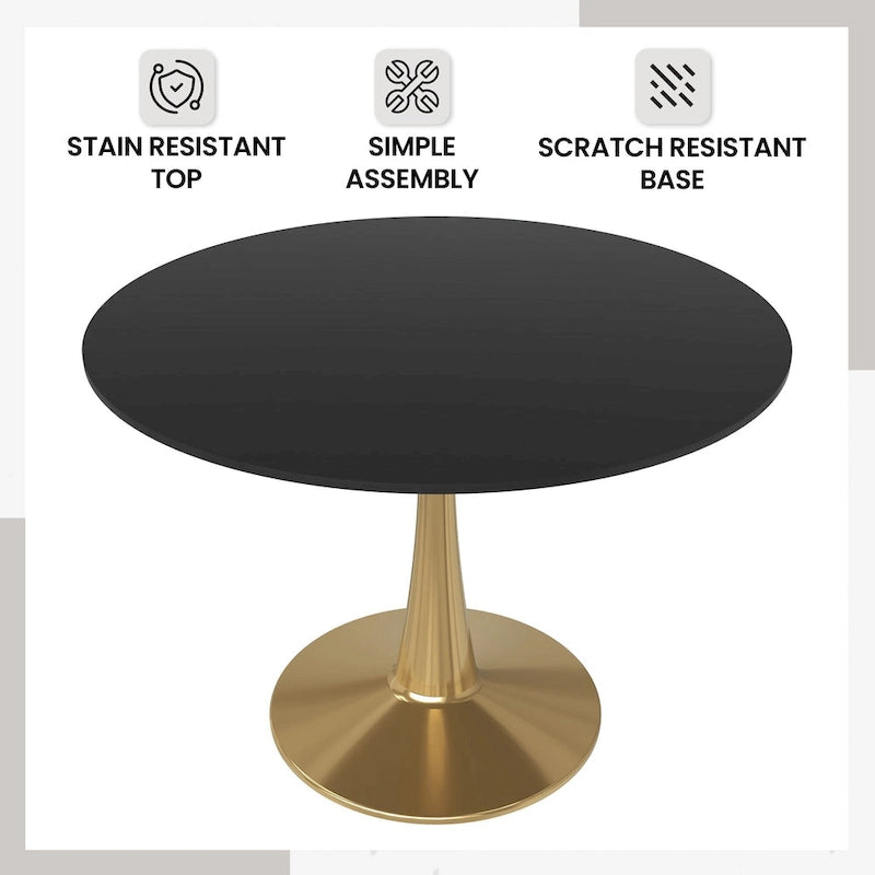 Marbled White / Black / White Round Dining Table for 4 – MDF Top & Gold Steel Base