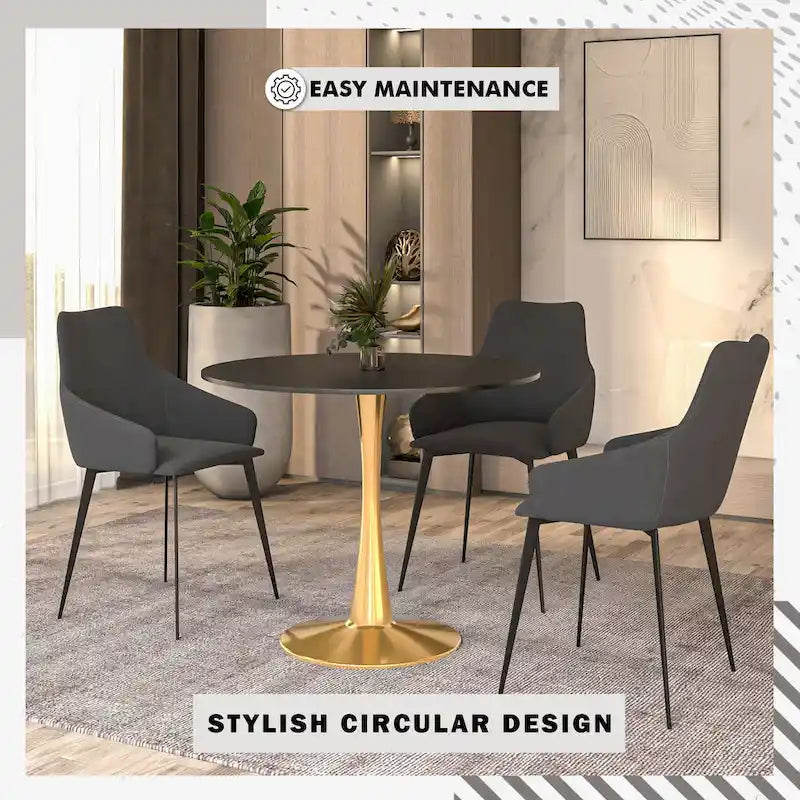 Marbled White / Black / White Round Dining Table for 4 – MDF Top & Gold Steel Base