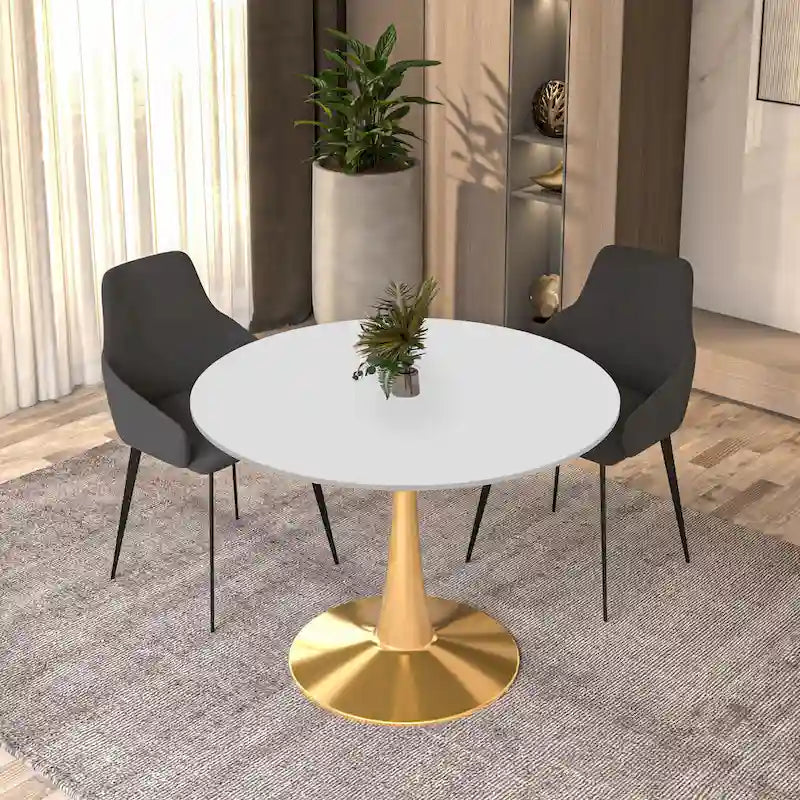 Marbled White / Black / White Round Dining Table for 4 – MDF Top & Gold Steel Base