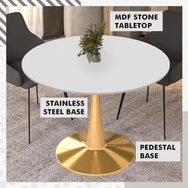 Marbled White / Black / White Round Dining Table for 4 – MDF Top & Gold Steel Base