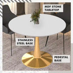 Marbled White / Black / White Round Dining Table for 4 – MDF Top & Gold Steel Base