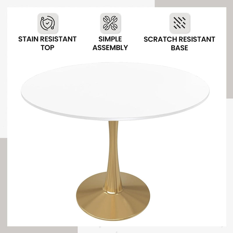 Marbled White / Black / White Round Dining Table for 4 – MDF Top & Gold Steel Base
