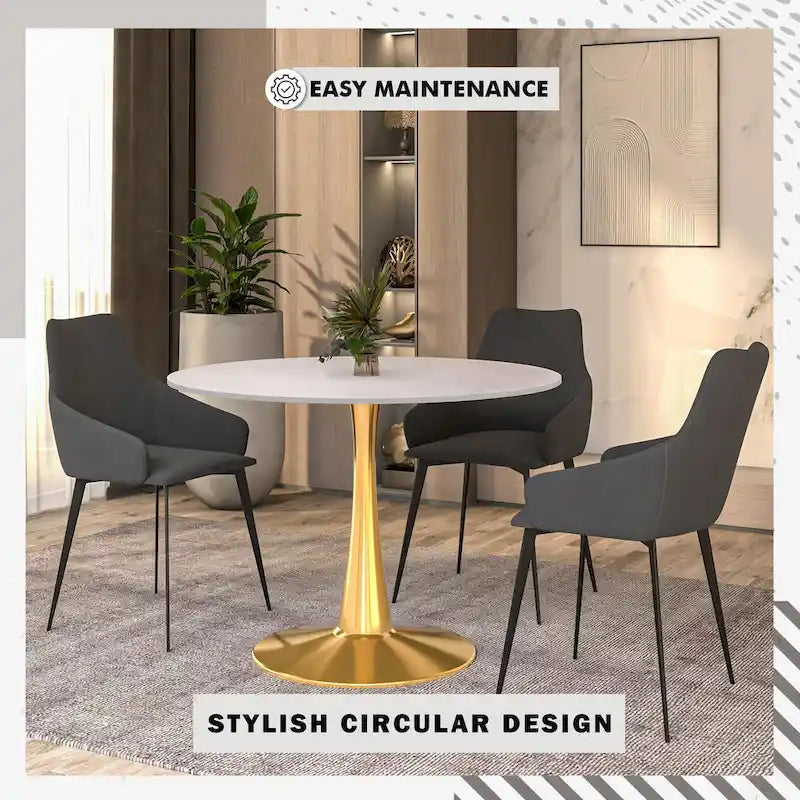 Marbled White / Black / White Round Dining Table for 4 – MDF Top & Gold Steel Base