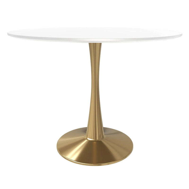 Marbled White / Black / White Round Dining Table for 4 – MDF Top & Gold Steel Base