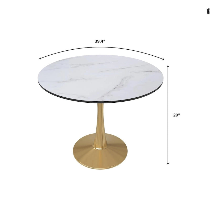 Marbled White / Black / White Round Dining Table for 4 – MDF Top & Gold Steel Base