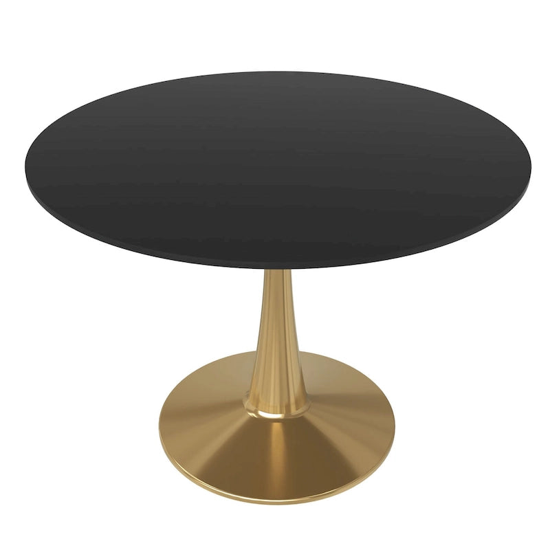 Marbled White / Black / White Round Dining Table for 4 – MDF Top & Gold Steel Base