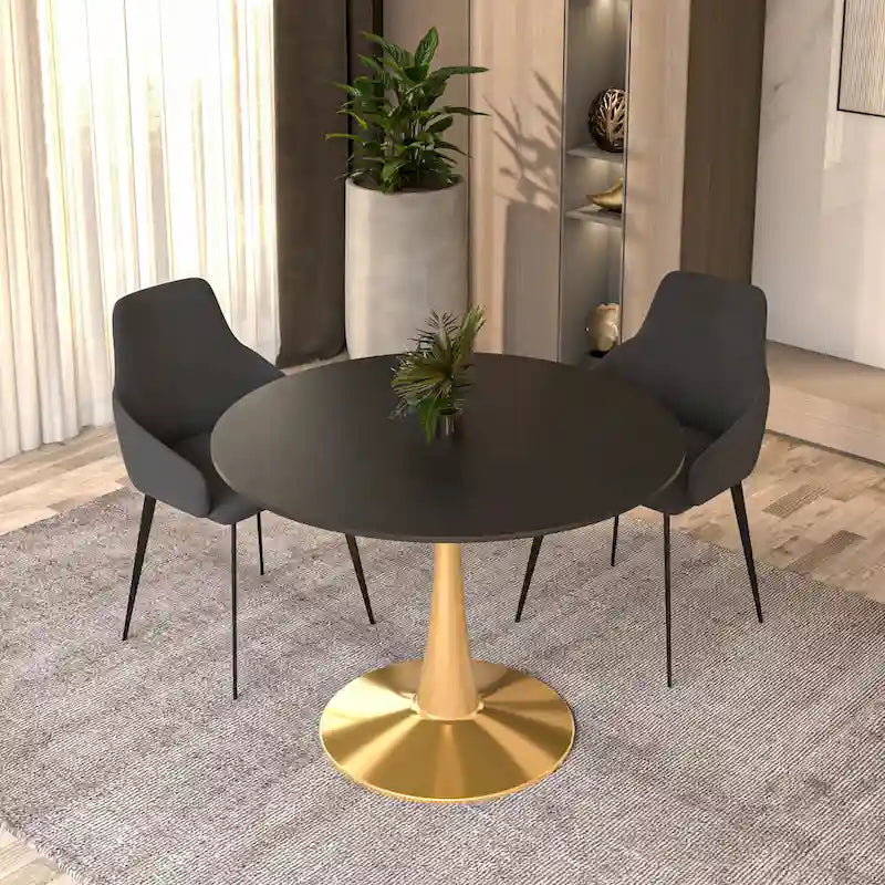 Marbled White / Black / White Round Dining Table for 4 – MDF Top & Gold Steel Base