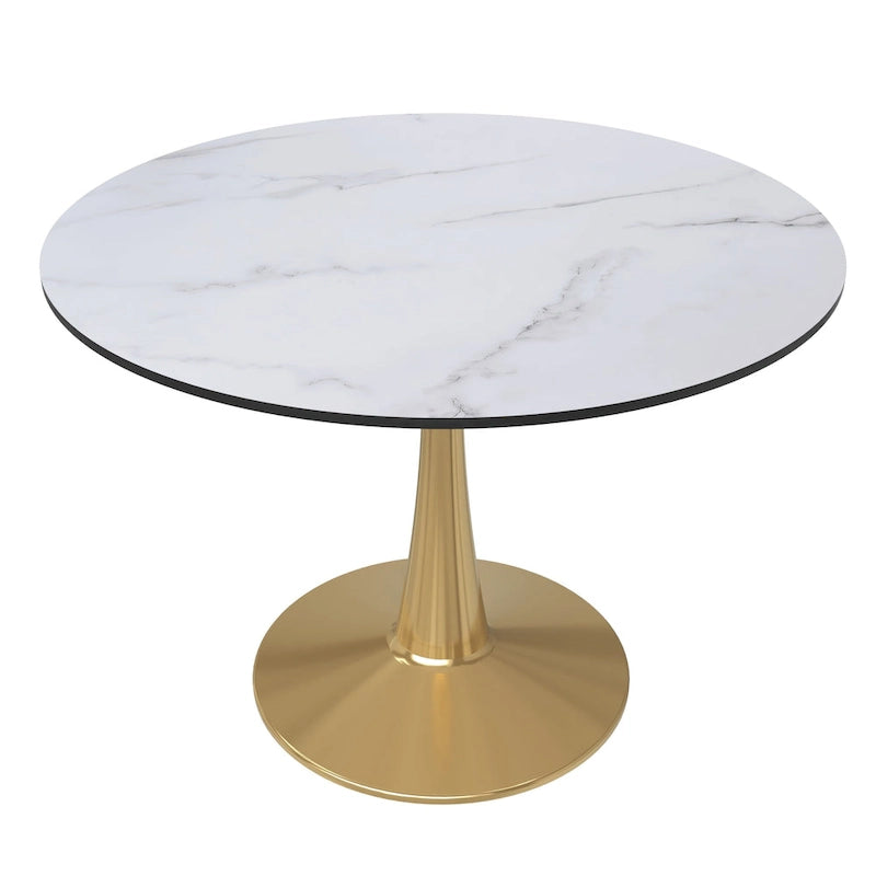 Marbled White / Black / White Round Dining Table for 4 – MDF Top & Gold Steel Base