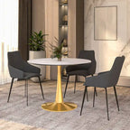 Marbled White / Black / White Round Dining Table for 4 – MDF Top & Gold Steel Base