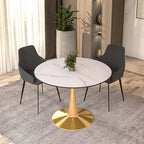 Marbled White / Black / White Round Dining Table for 4 – MDF Top & Gold Steel Base
