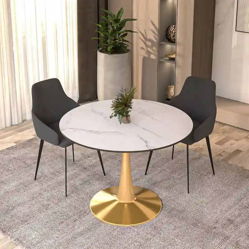 Marbled White / Black / White Round Dining Table for 4 – MDF Top & Gold Steel Base