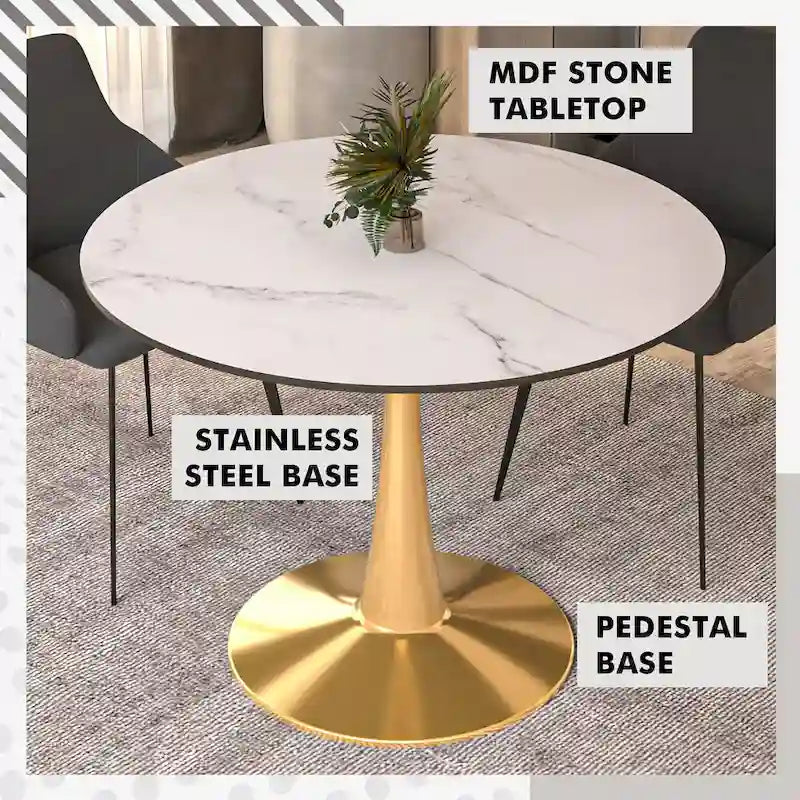 Marbled White / Black / White Round Dining Table for 4 – MDF Top & Gold Steel Base