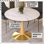 Marbled White / Black / White Round Dining Table for 4 – MDF Top & Gold Steel Base
