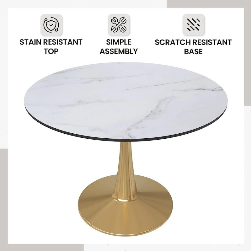 Marbled White / Black / White Round Dining Table for 4 – MDF Top & Gold Steel Base