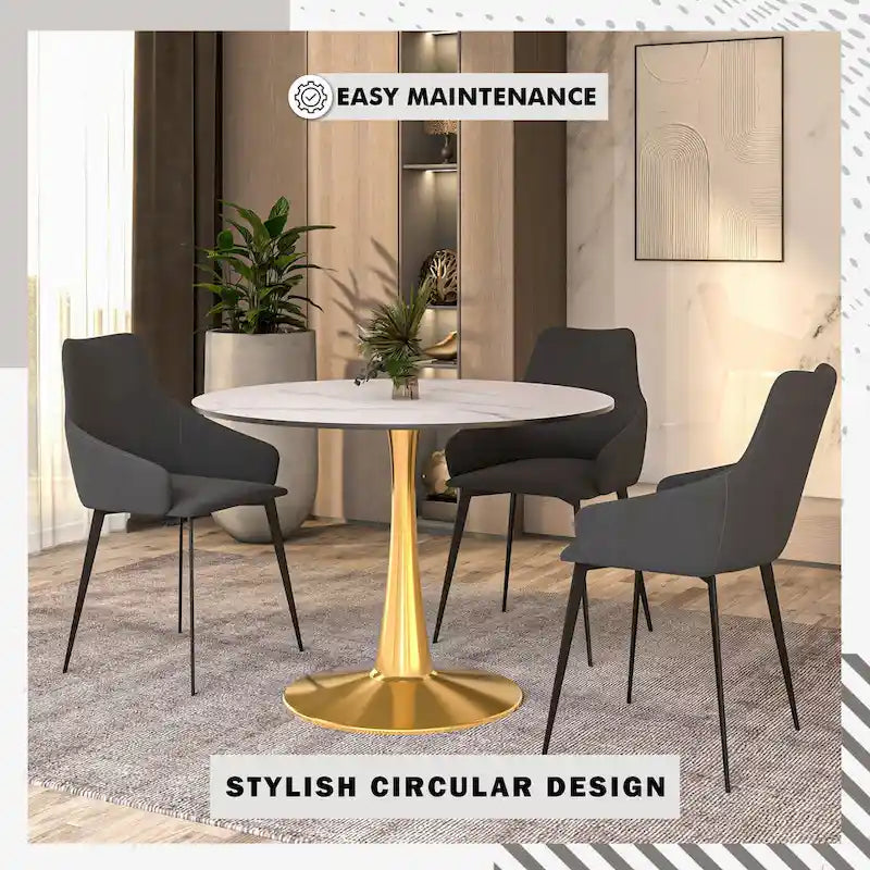 Marbled White / Black / White Round Dining Table for 4 – MDF Top & Gold Steel Base