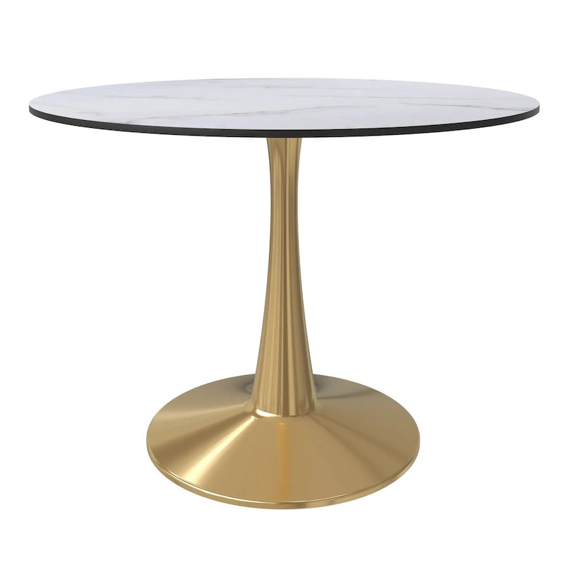 Marbled White / Black / White Round Dining Table for 4 – MDF Top & Gold Steel Base