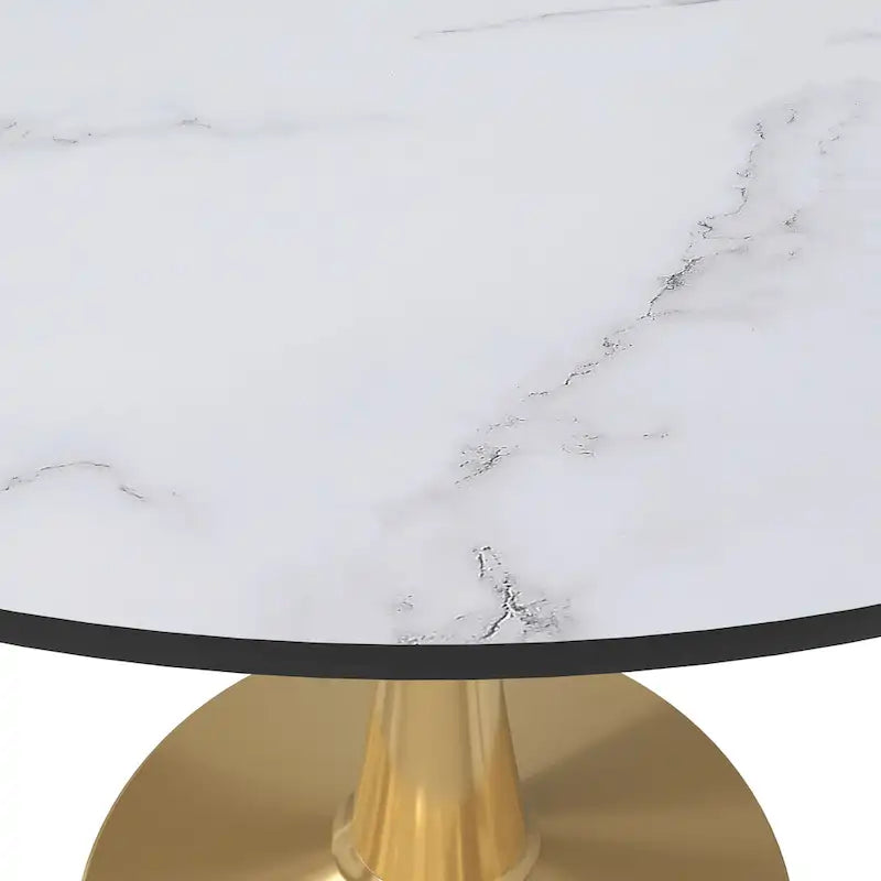 Marbled White / Black / White Round Dining Table for 4 – MDF Top & Gold Steel Base