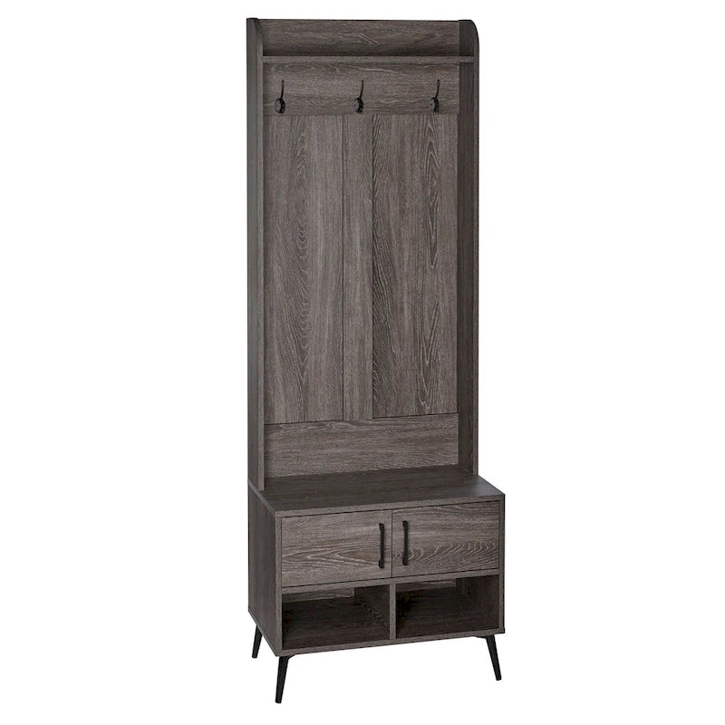 Brown Hall Tree with Bench, Coat Hooks & Shoe Storage – 1-Person