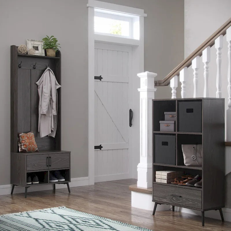 Brown Hall Tree with Bench, Coat Hooks & Shoe Storage – 1-Person