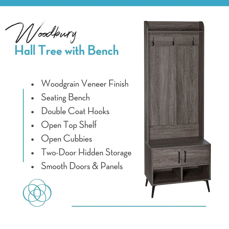Brown Hall Tree with Bench, Coat Hooks & Shoe Storage – 1-Person