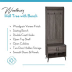 Brown Hall Tree with Bench, Coat Hooks & Shoe Storage – 1-Person