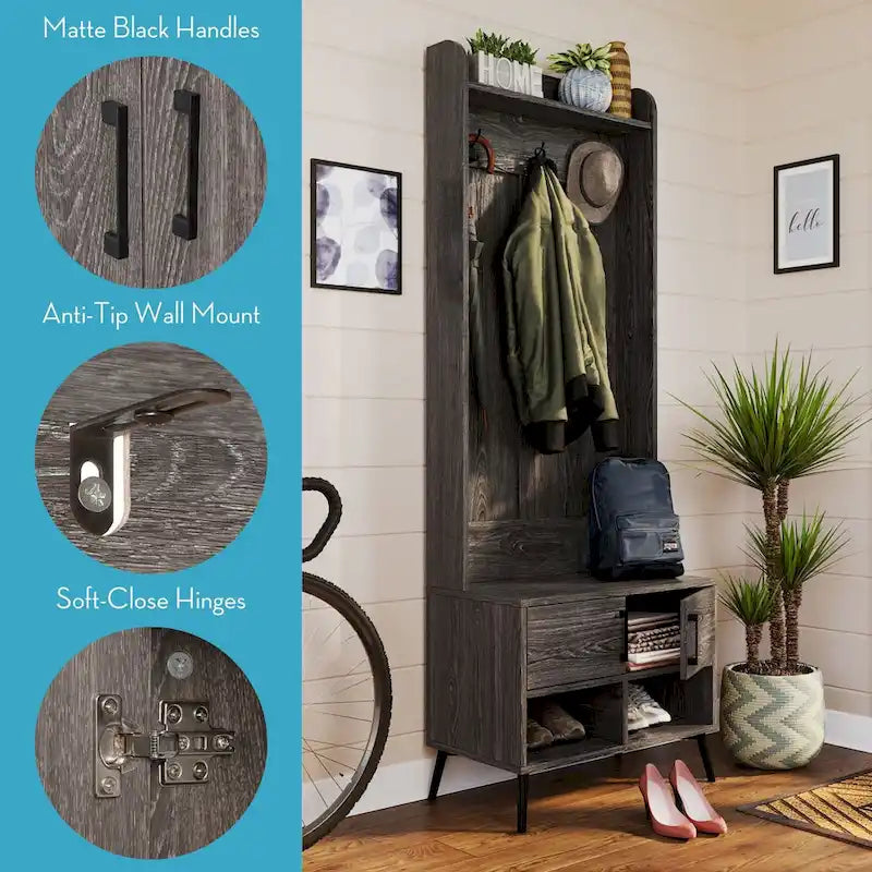Brown Hall Tree with Bench, Coat Hooks & Shoe Storage – 1-Person